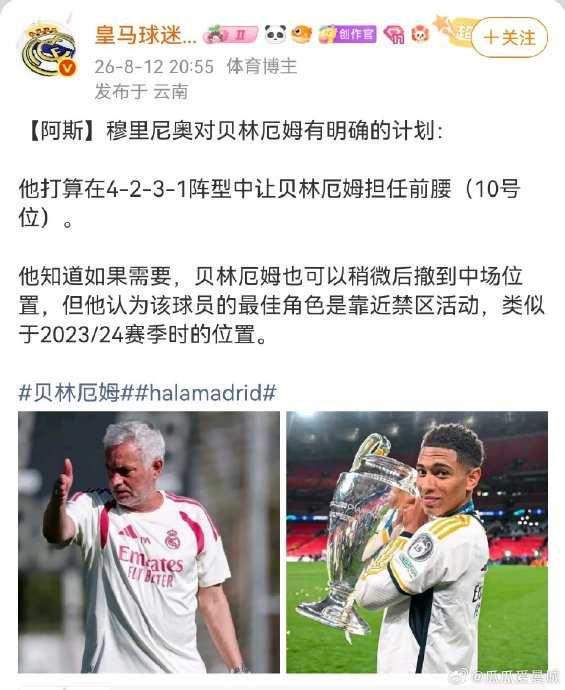 穆里尼奥计划让贝林厄姆出任前腰，阵型4-2-3-1